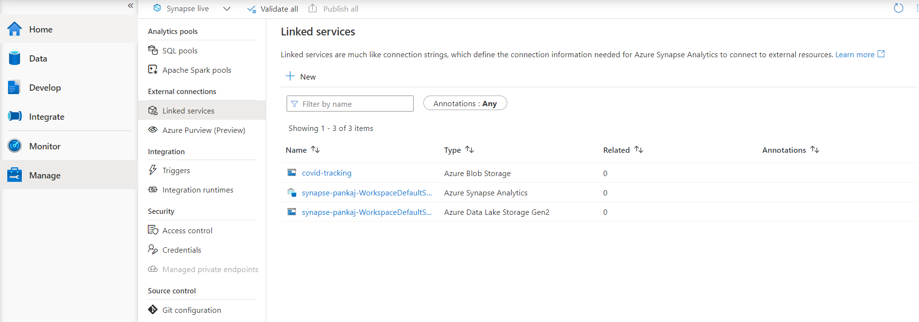 Manage Hub to see existing Linked services